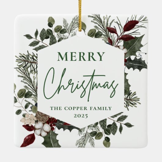 冬のエレガント緑の写真クリスマス セラミックオーナメント (裏面)