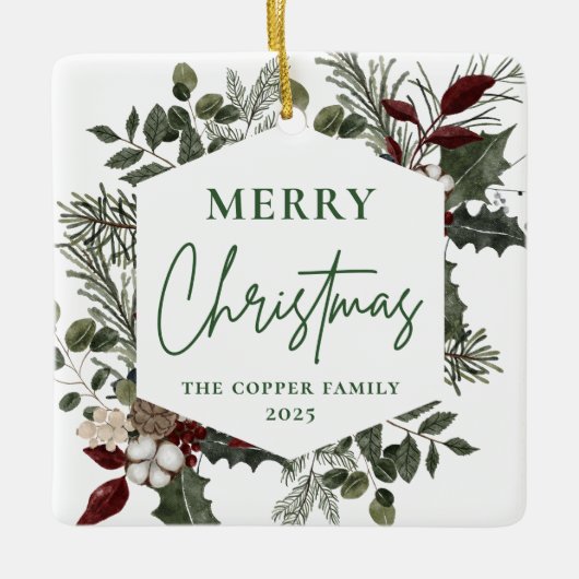 冬のエレガント緑の写真クリスマス セラミックオーナメント (正面)