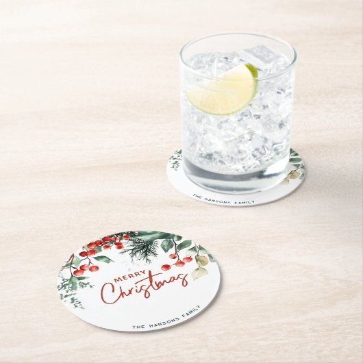 冬のエレガント緑の陽気なクリスマス ラウンドペーパーコースター (インサイチュ)