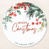 冬のエレガント緑の陽気なクリスマス ラウンドペーパーコースター (正面)