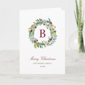 冬のエレガント緑バーガンディーモノグラムリース シーズンカード (正面)