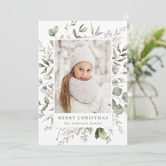 冬のエレガント葉とスノーベリーの写真 シーズンカード (スタンド正面)