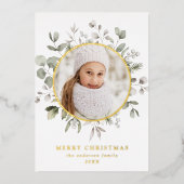 冬のエレガント葉とスノーベリーの写真 箔シーズンカード (正面)