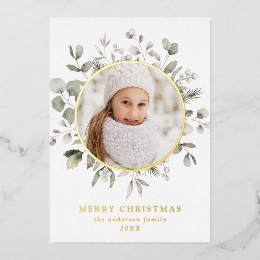 冬のエレガント葉とスノーベリーの写真 箔シーズンカード (正面)