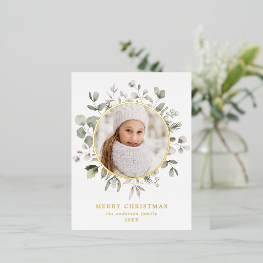 冬のエレガント葉とスノーベリーの写真 箔シーズンポストカード (立ち正面)