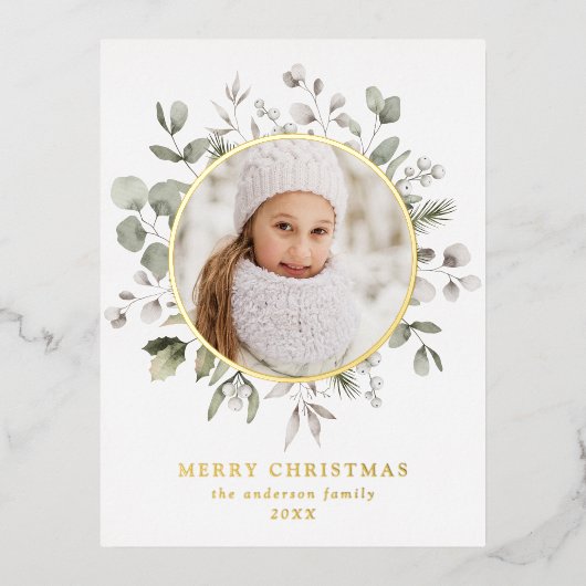 冬のエレガント葉とスノーベリーの写真 箔シーズンポストカード (正面)