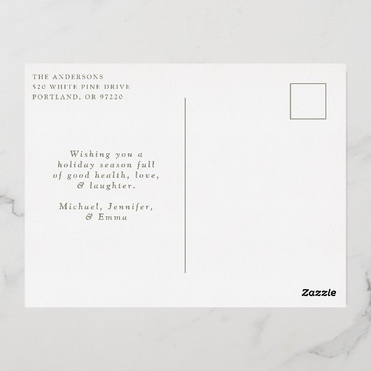 冬のエレガント葉とスノーベリーの写真 箔シーズンポストカード (裏面)