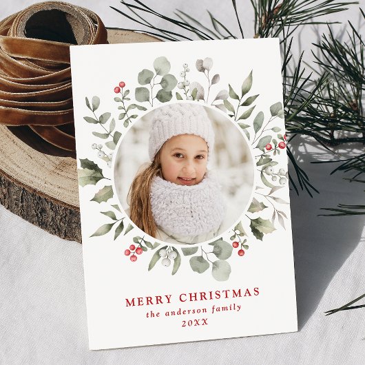 冬のエレガント葉とホリーベリーの写真 シーズンカード