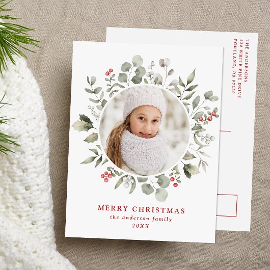 冬のエレガント葉とホリーベリーの写真 シーズンポストカード