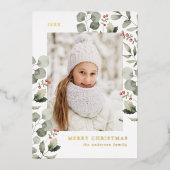 冬のエレガント葉とホリーベリーの写真 箔シーズンカード (正面)