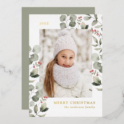 冬のエレガント葉とホリーベリーの写真 箔シーズンカード (正面/裏面)