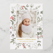 冬のエレガント葉とホリーベリーの写真 箔シーズンカード (正面)