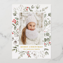 冬のエレガント葉とホリーベリーの写真 箔シーズンカード