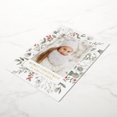 冬のエレガント葉とホリーベリーの写真 箔シーズンカード (回転した状態)