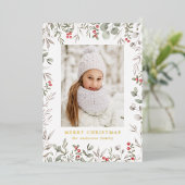 冬のエレガント葉とホリーベリーの写真 箔シーズンカード (立ち正面)