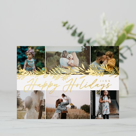 冬のエレガント葉6フォトファミリーコラージュ 箔シーズンカード (立ち正面)