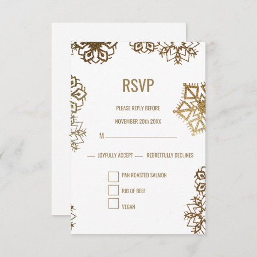 冬のエレガント金ゴールドと白結婚の食べ物の選択 出欠カード (正面/裏面)