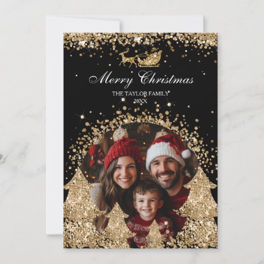 冬のエレガント金ゴールドグリッタークリスマスツリー写真 招待状 (正面)