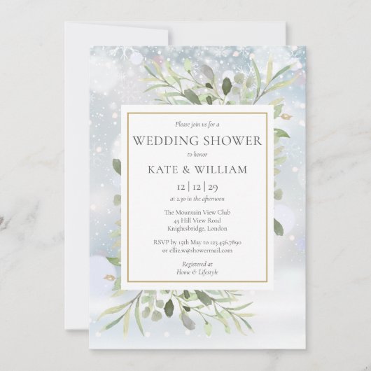 冬のエレガント雪片グリーンウェディングシャワー 招待状 (正面)