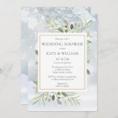 冬のエレガント雪片グリーンウェディングシャワー 招待状 (正面/裏面)