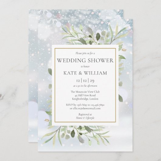 冬のエレガント雪片グリーンウェディングシャワー 招待状 (正面/裏面)