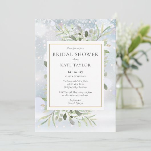 冬のエレガント雪片グリーンブライダルシャワー 招待状 (スタンド正面)