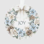 冬のエレガント青フローラリース水の色JOY オーナメント (正面)