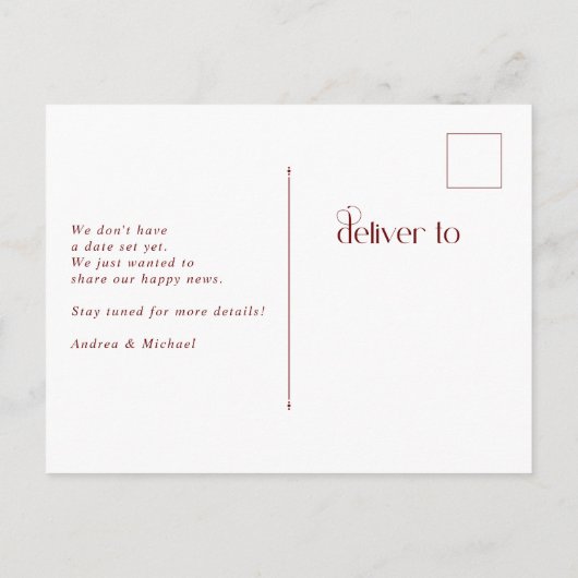 冬のエンゲージメント写真発表 ウェディング インビテーションポストカード (裏面)