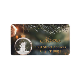 冬のオオカミと花模様クリスマスカード ラベル