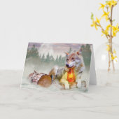 冬のオオカミの雪のクリスマス シーン カード (黄色い花)