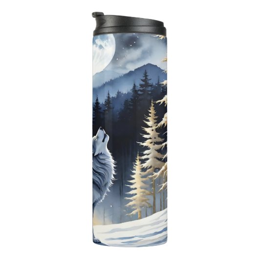 冬のオオカミ、月光の吠え声、雪の森。 タンブラー (回転右)