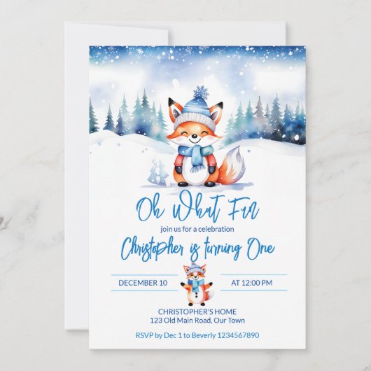 冬のオネダランドかわいいキツネの誕生日パーティー 招待状 (正面)