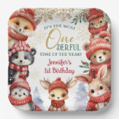 冬のオネダーランドかわいい冬の動物の最初の誕生日 ペーパープレート (正面)