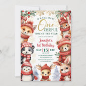 冬のオネダーランドかわいい冬の動物の最初の誕生日 招待状 (正面)