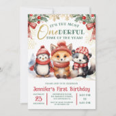 冬のオネダーランドかわいい雪獣1歳の誕生日 招待状 (正面)