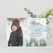 冬のオネダーランドの森ベビーの最初の誕生日の写真 招待状 (スタンド正面)