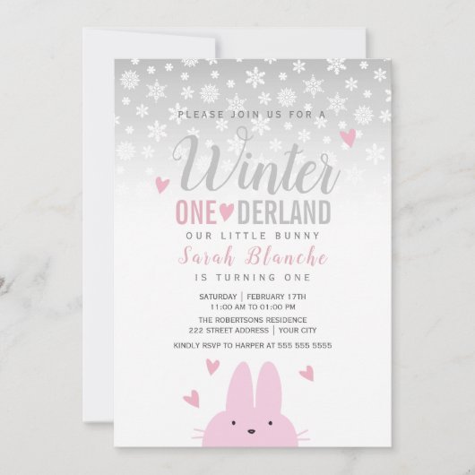 冬のオネダーランドシルバーピンク1歳の誕生日 招待状 (正面)