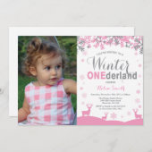 冬のオネダーランドスノーフレークガール1st誕生日 招待状 (正面/裏面)
