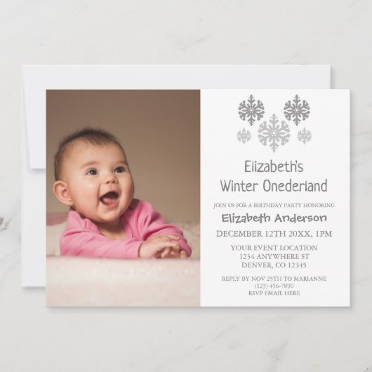 冬のオネダーランドスノーフレーク1st誕生日 招待状 (正面)