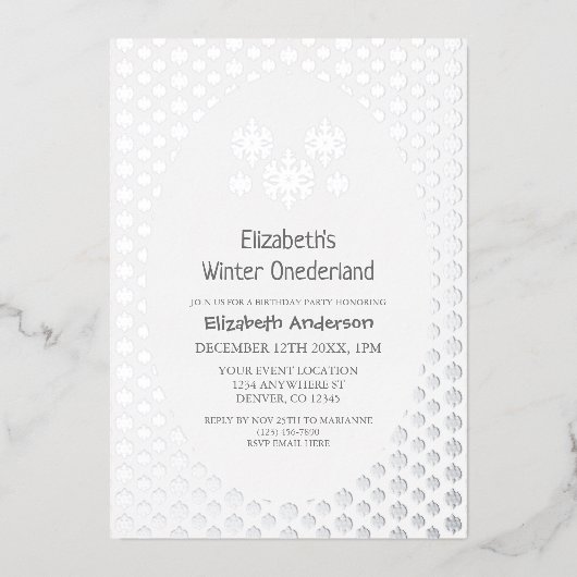 冬のオネダーランドスノーフレーク1st誕生日 箔招待状 (正面)