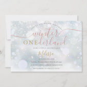 冬のオネダーランドピンクと金ゴールドの最初の誕生日 招待状 (正面)