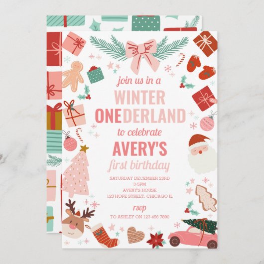 冬のオネダーランドピンクのクリスマスガール1st誕生日 招待状 (正面/裏面)