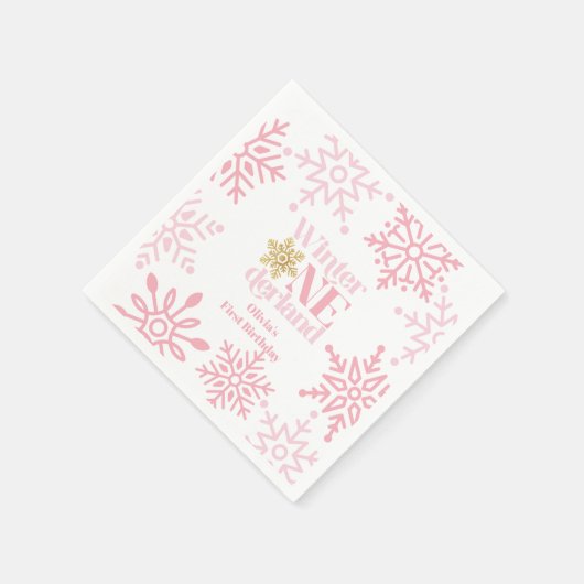冬のオネダーランドピンクのスノーフレーク1st誕生日 スタンダードカクテルナプキン (角)