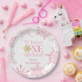 冬のオネダーランドピンクのスノーフレーク1st誕生日 ペーパープレート (パーティー)
