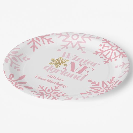 冬のオネダーランドピンクのスノーフレーク1st誕生日 ペーパープレート (アングル)