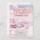 冬のオネダーランドピンクのスノーフレーク1st誕生日 招待状 (正面)