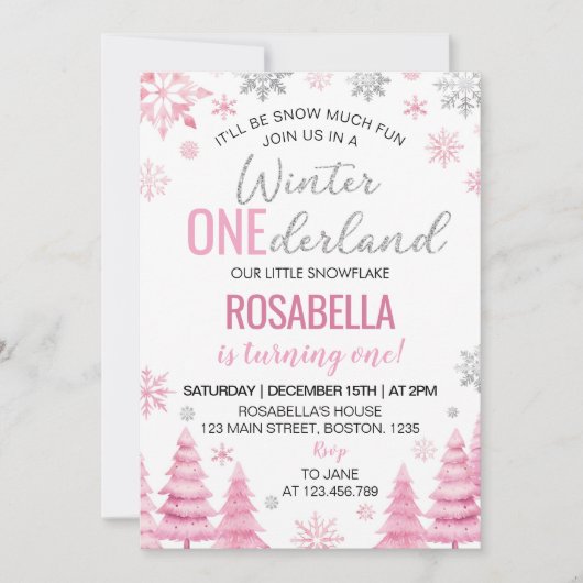 冬のオネダーランドピンクのスノーフレーク1st誕生日 招待状 (正面)