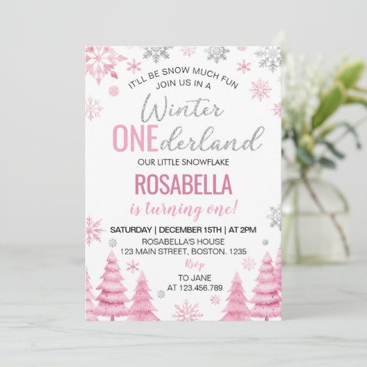 冬のオネダーランドピンクのスノーフレーク1st誕生日 招待状 (スタンド正面)