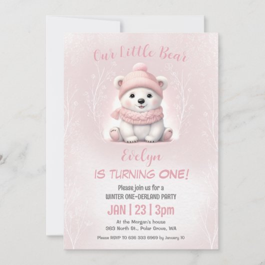 冬のオネダーランドピンクのホッキョクベア1歳の誕生日 招待状 (正面)