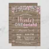 冬のオネダーランドピンクシルバーガール1st誕生日 招待状 (正面/裏面)